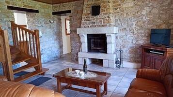 Televisie, een open haard, een dvd-speler en boeken