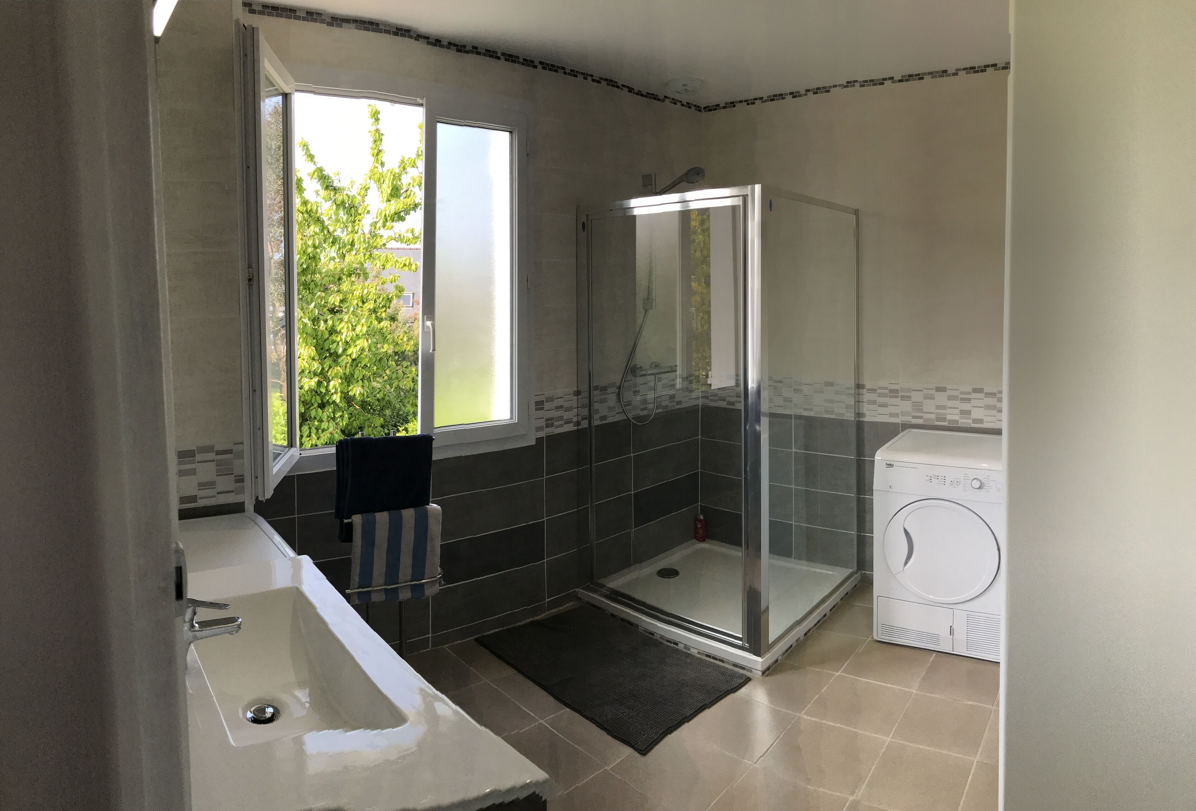 A bathroom with a shower, a sink, and a washing machine.