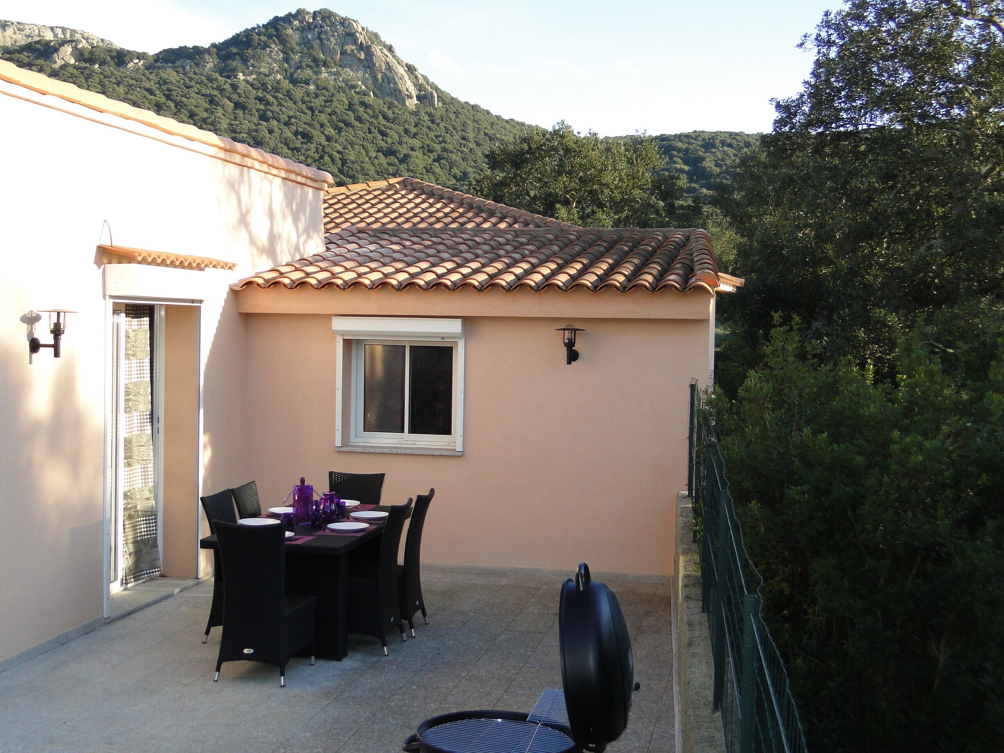 Une terrasse avec une table et des chaises, un barbecue et une vue sur une montagne.