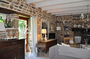 Télévision, cheminée, table de tennis de table, livres