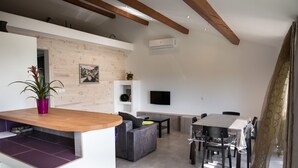 A modern living space with a kitchen area, dining table, and seating.