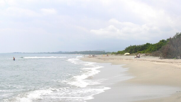 A beach with a sandy shore, calm waves, and a few people in the distance.