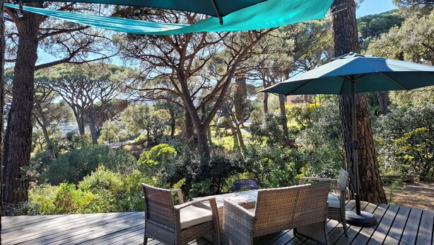 A wooden deck with wicker furniture and a table, surrounded by trees and greenery. - Beau Mazet 75m2, large garden in pine forest, Private domain with Swimming pool, Tennis .. (Sainte-Maxime)