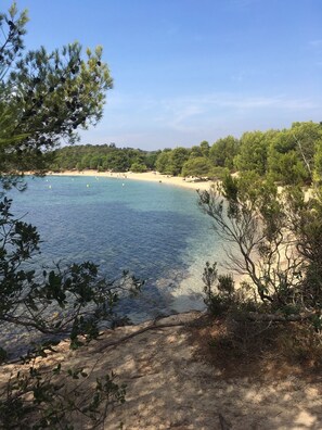 A coastal landscape with clear blue water, sandy beach, and dense greenery. - Vacation home, near beaches, garden, swimming pool, beautiful view, sleeps 12  (Carqueiranne)