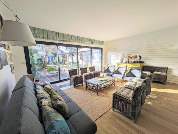 TV, DVD player, books, video library