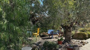 Un jardin agrémenté de diverses plantes, une terrasse en bois et du mobilier d’extérieur.