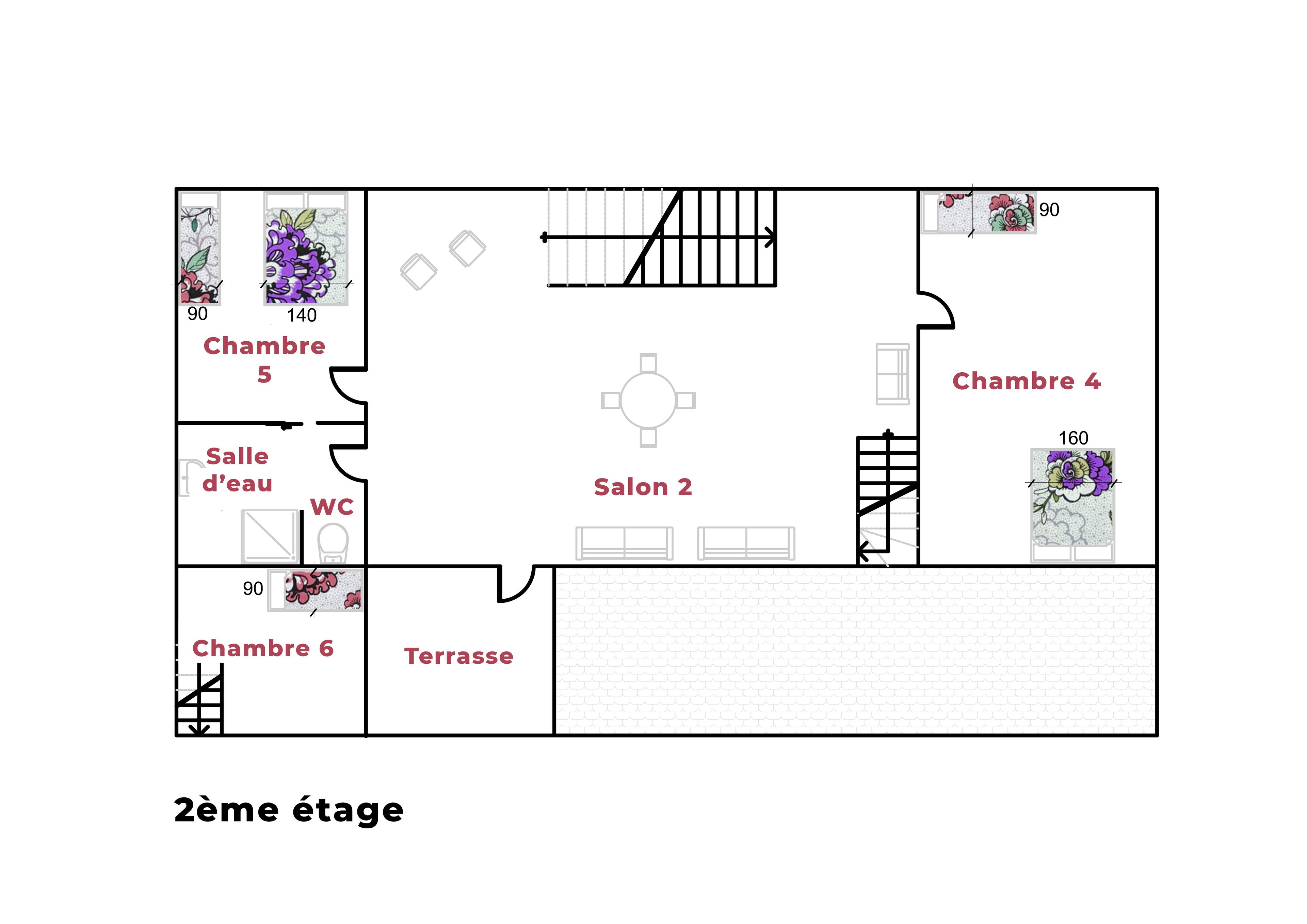 Een plattegrond van de tweede verdieping met 5 slaapkamers, 2 badkamers, een terras en een eethoek.