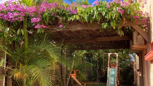 Un jardín con un porche de madera cubierto de enredaderas florecientes, un columpio y un tobogán pequeño.