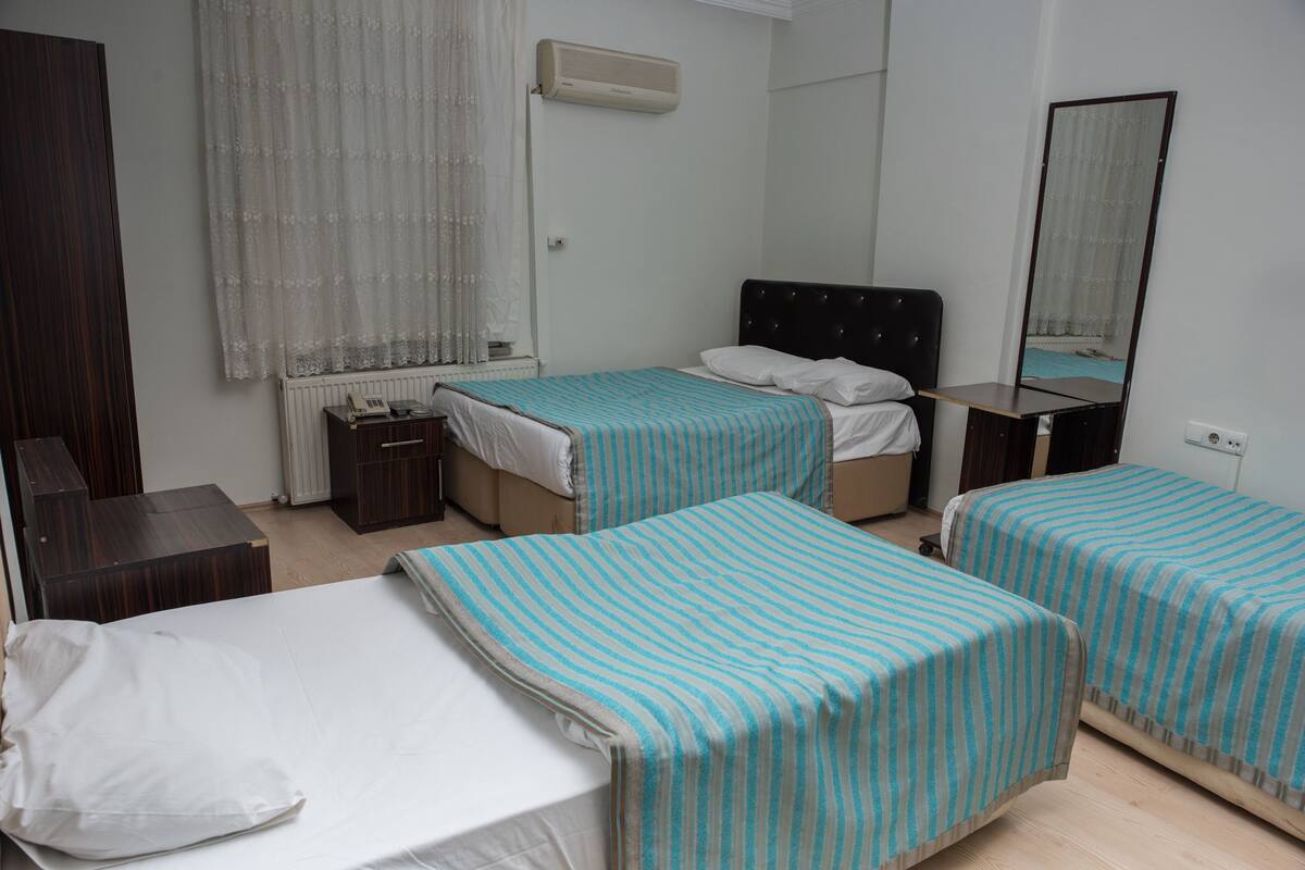 A hotel room with two single beds, a small desk, a chair, a wardrobe, and a mirror.