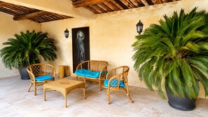 Un espace patio aménagé avec des meubles en osier, des plantes en pot et un luminaire fixé au mur.