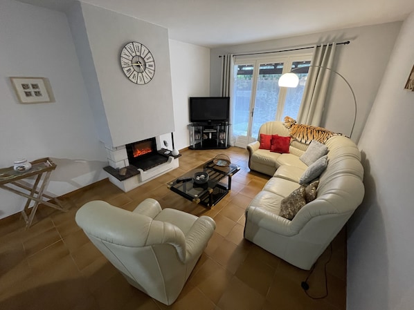 TV, fireplace, video game console, DVD player