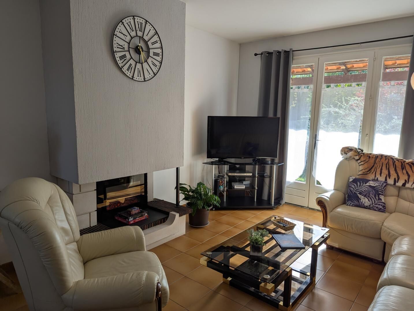 Télévision, cheminée, console de jeux vidéo, lecteur de DVD