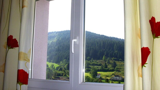 A window with a view of a green landscape and hills. - Renovated stone house, classified 3 stars between La Bresse and Gérardmer (Basse-Sur-Le-Rupt)