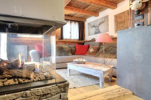 Télévision, cheminée, lecteur de DVD, chaîne hi-fi