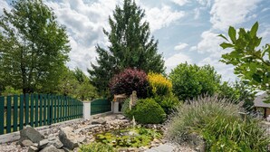 A garden with a pond, rocks, and various plants. - Large and beautiful detached house in a quiet and relaxing setting (Ruederbach)