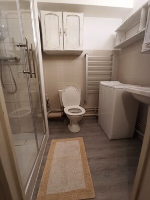 Duschwanne, Haartrockner, Seife, Toilettenpapier