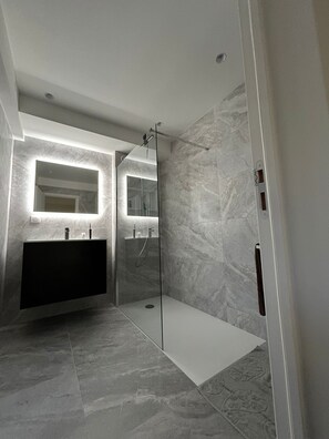 Combined shower/bathtub, hair dryer, towels, soap