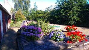 Ein Garten mit verschiedenen Blumenbeeten, in denen Hortensien und Geranien wachsen.