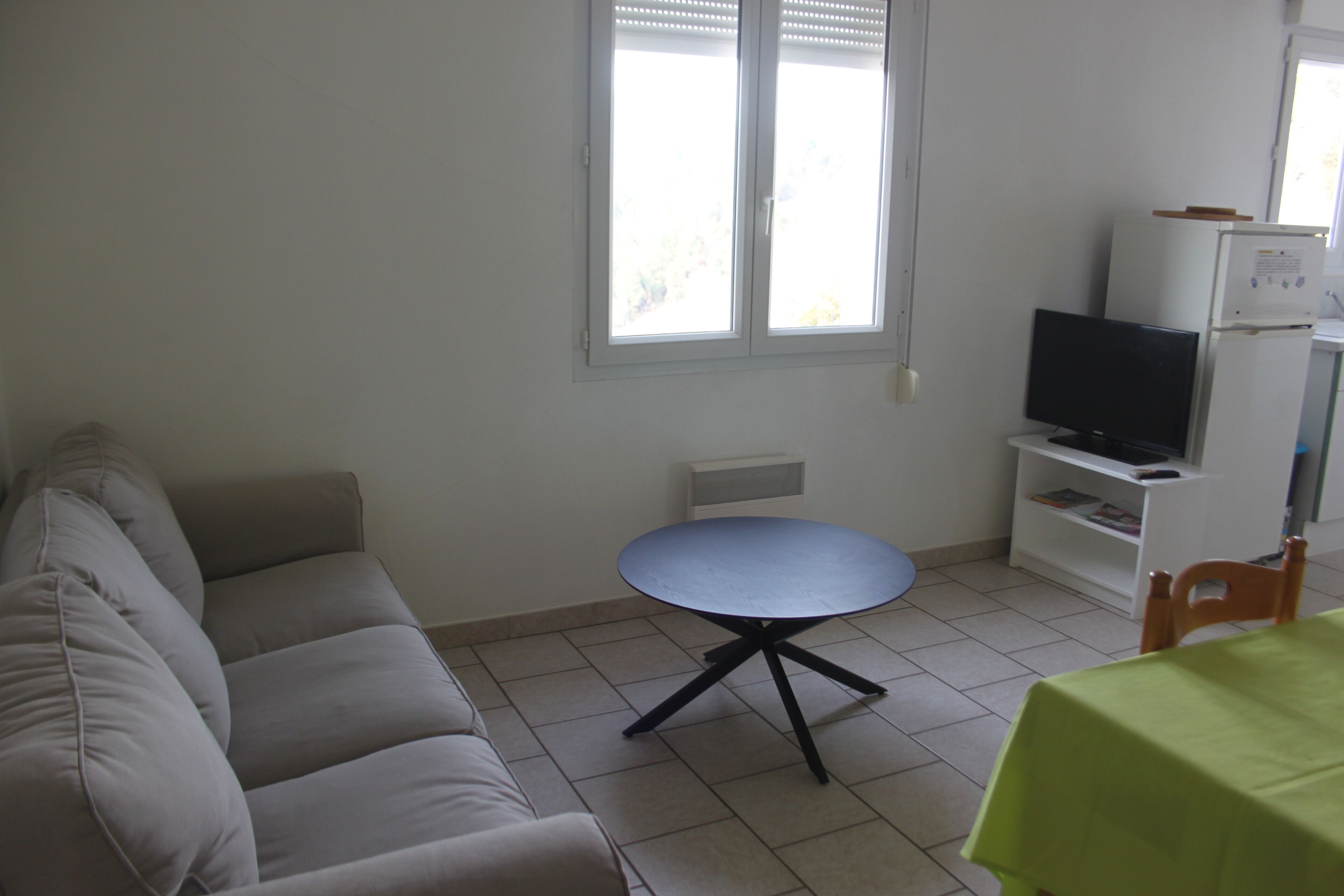 A living room with a sofa, a round table, a television, and a refrigerator.