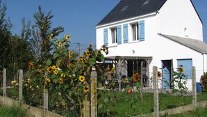 A two-story house with a white exterior and blue shutters, surrounded by a garden with sunflowers. - IN FRONT OF THE SEA. ALMOST PENERF ISLAND. WIRELESS. (Damgan)