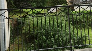 Un balcón con baranda de metal que da a un paisaje verde y exuberante, incluyendo una colina boscosa y un edificio de arquitectura tradicional.