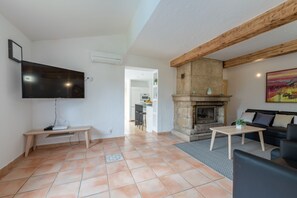 Smart TV, chimenea y libros