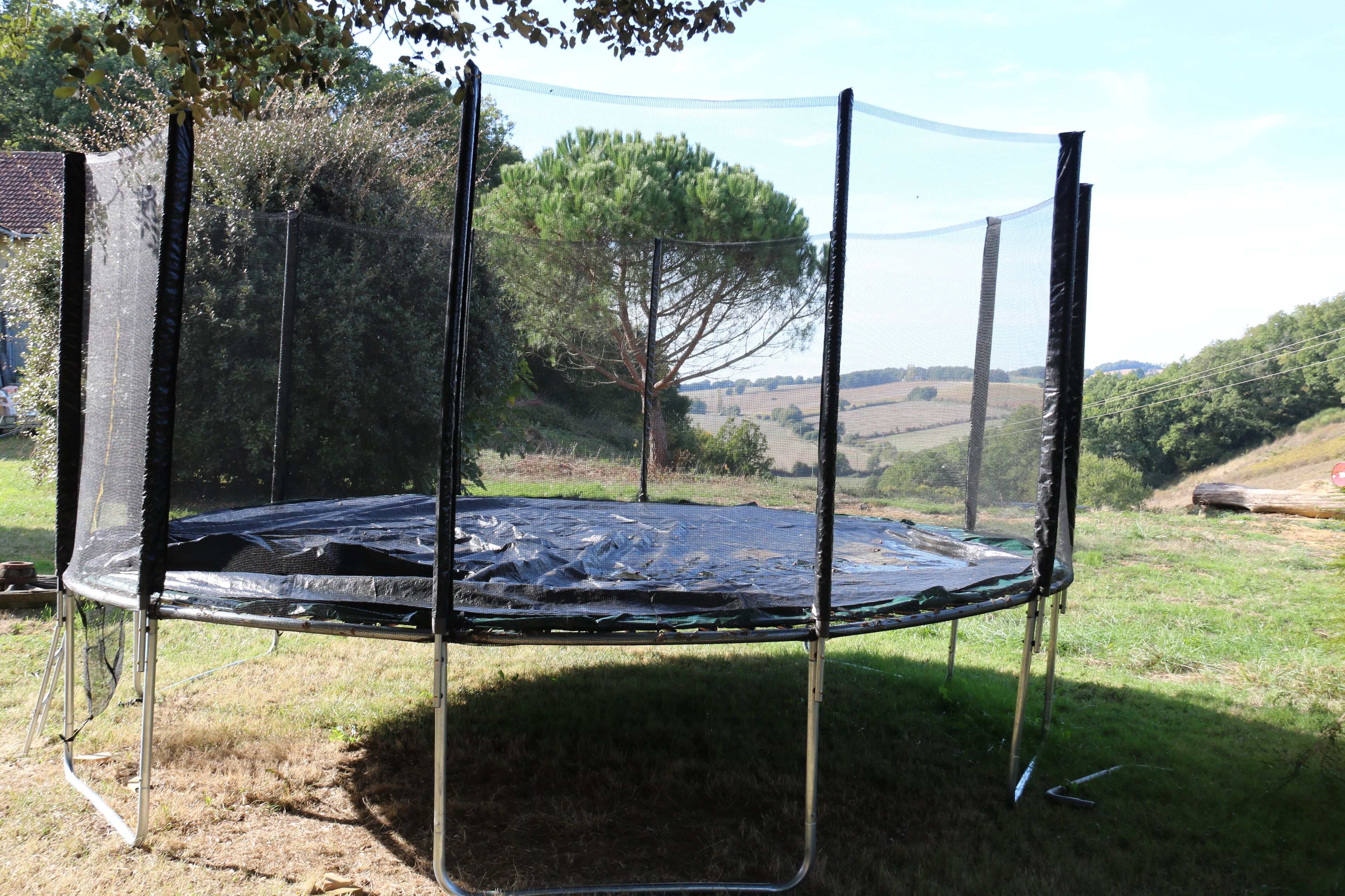 Un trampolín con red de seguridad, rodeado de césped y árboles.