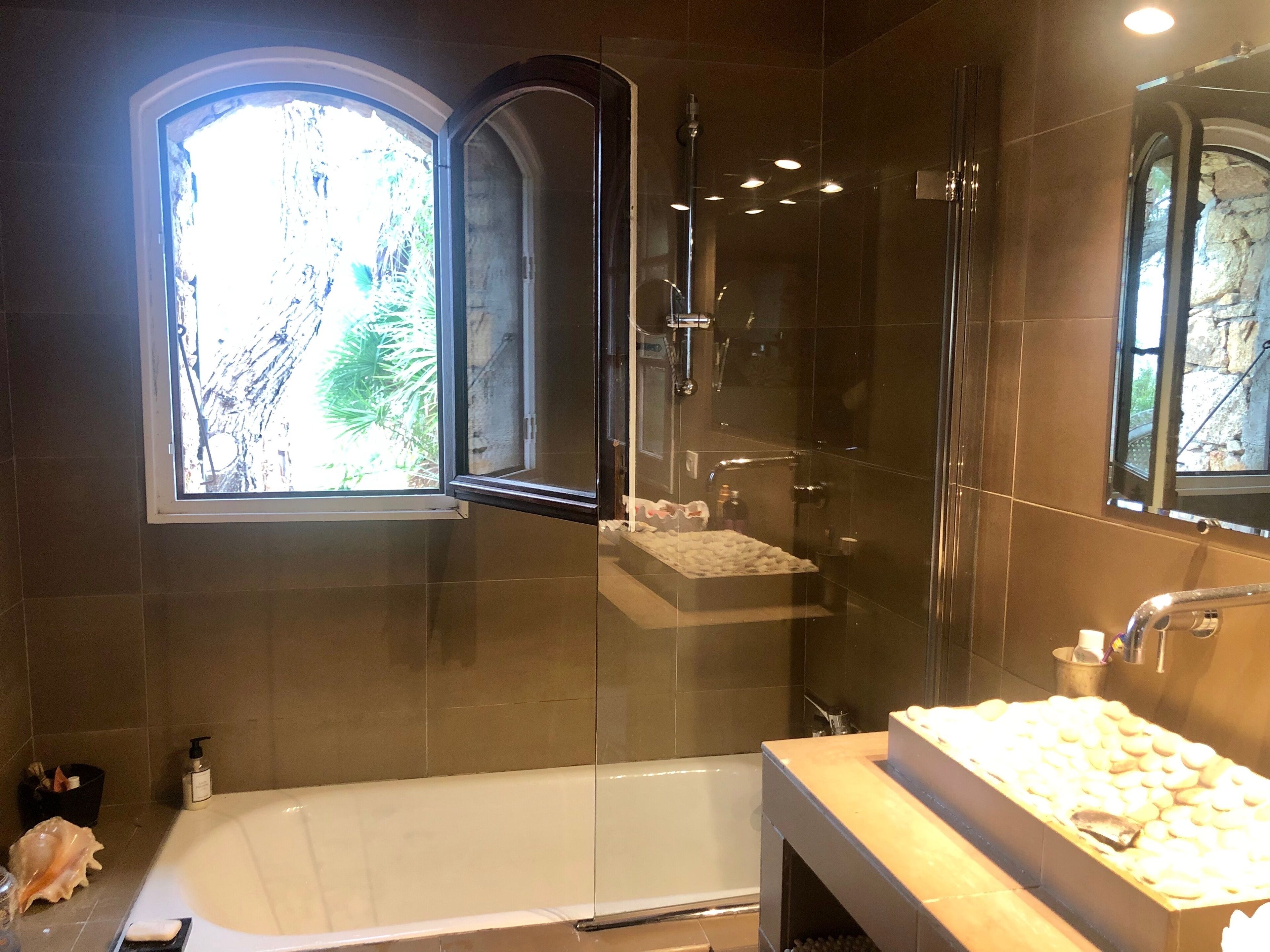 Combined shower/tub, hair dryer, towels
