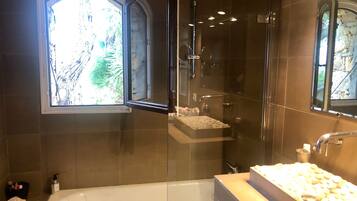Combined shower/tub, hair dryer, towels