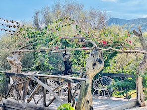 A rustic wooden pergola with climbing plants and a metal bench in a garden setting.