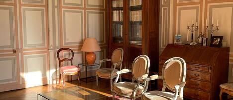 Televisie, een open haard, een dvd-speler en tafelvoetbal