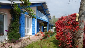 Une maison avec des volets bleus, un jardin où poussent différentes plantes et fleurs, et un arbre aux fleurs rouges.