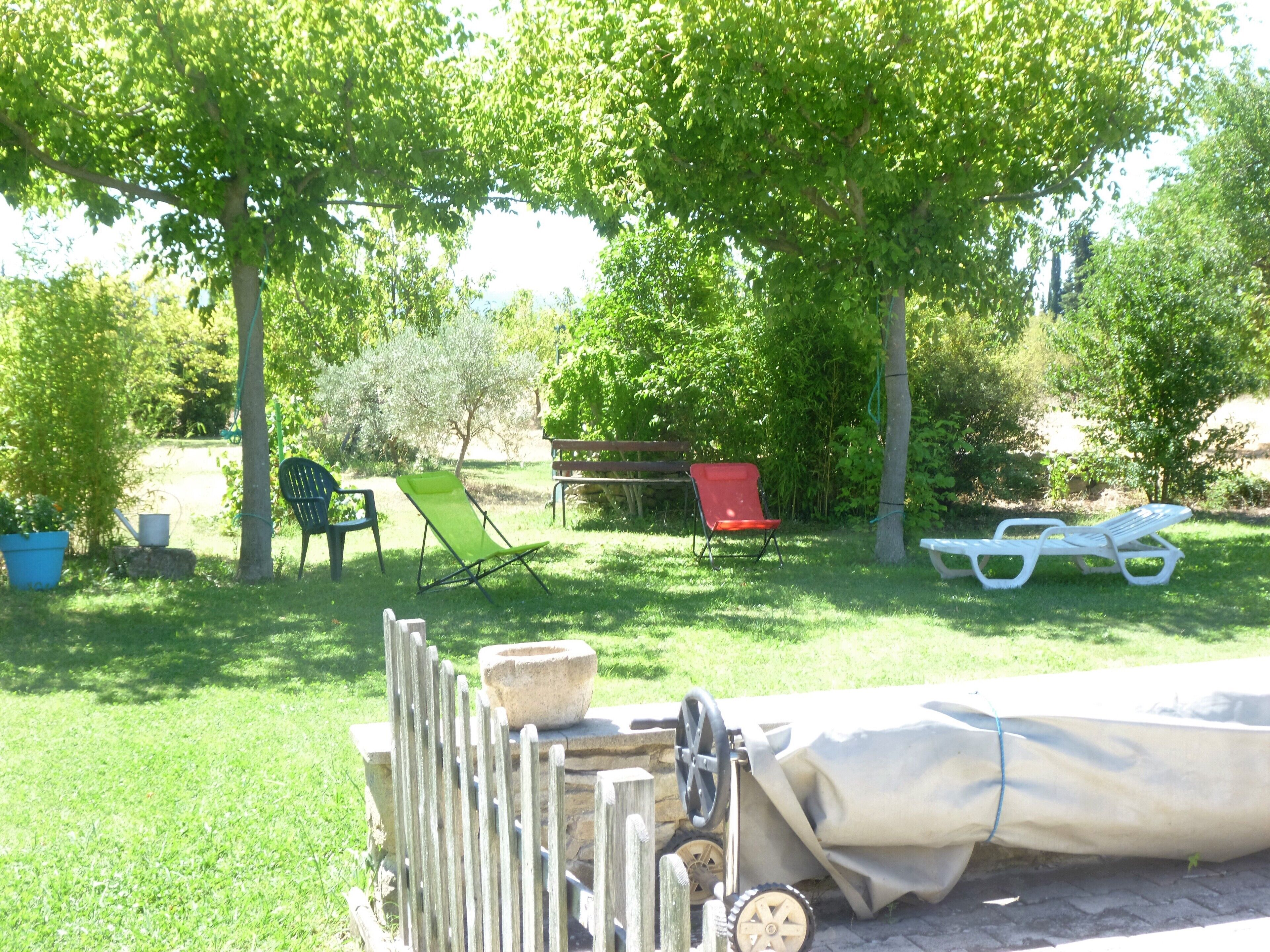 Un espace extérieur enherbé avec une table abritée, une brouette et deux chaises de jardin.
