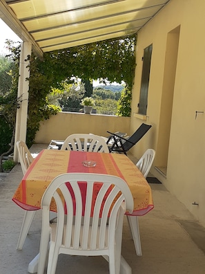 Un espace extérieur abrité, aménagé pour les repas, avec une table et des chaises, un pot de fleurs, et une vue sur la verdure et les collines en arrière-plan.