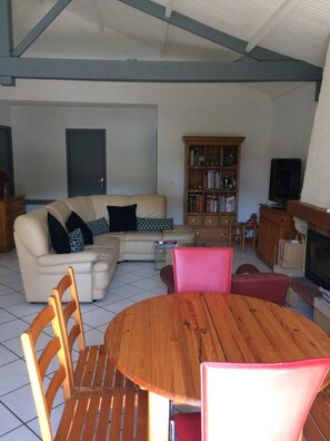 Smart-tv, een open haard, een dvd-speler en boeken