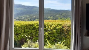 Blick durch ein Fenster mit weißem Rahmen, das eine Landschaft mit grünen Hügeln und Bäumen zeigt.