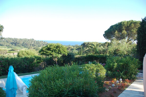 Ein Garten mit Pool, umgeben von üppiger Vegetation und Bäumen, mit Blick auf eine weite Landschaft.