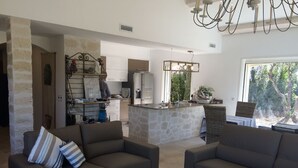 A modern living room with two sofas, a coffee table, and a kitchen area with a stone island. - Provencal bastide with heated pool and air conditioning in Plascassier (Mouans-Sartoux)