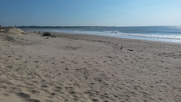 Une vaste plage de sable fin, avec des vagues douces, un ciel dégagé et une côte lointaine.