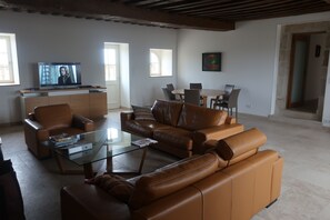 Smart TV, fireplace, DVD player, books