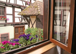 A window with a view of a traditional half-timbered building, a wooden window frame, and a window sill. - Coquette timbered house of the 17th century renovated (Eguisheim)