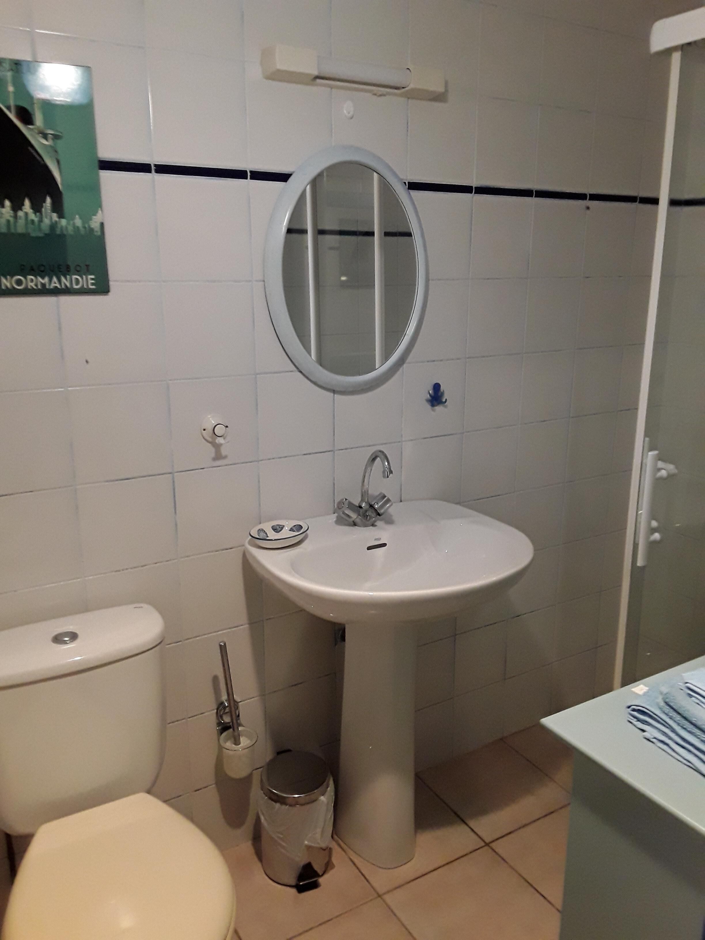 A bathroom with a toilet, sink, mirror, and a trash bin.