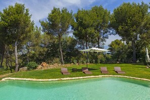 Ein Pool mit klarem, blauem Wasser, umgeben von einer Rasenfläche mit Liegestühlen und einem Sonnenschirm.