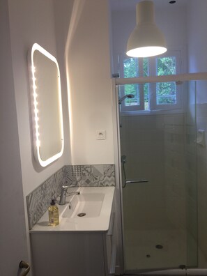 Shower, hair dryer, towels, soap