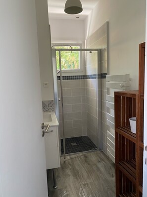 Shower, hair dryer, towels, soap