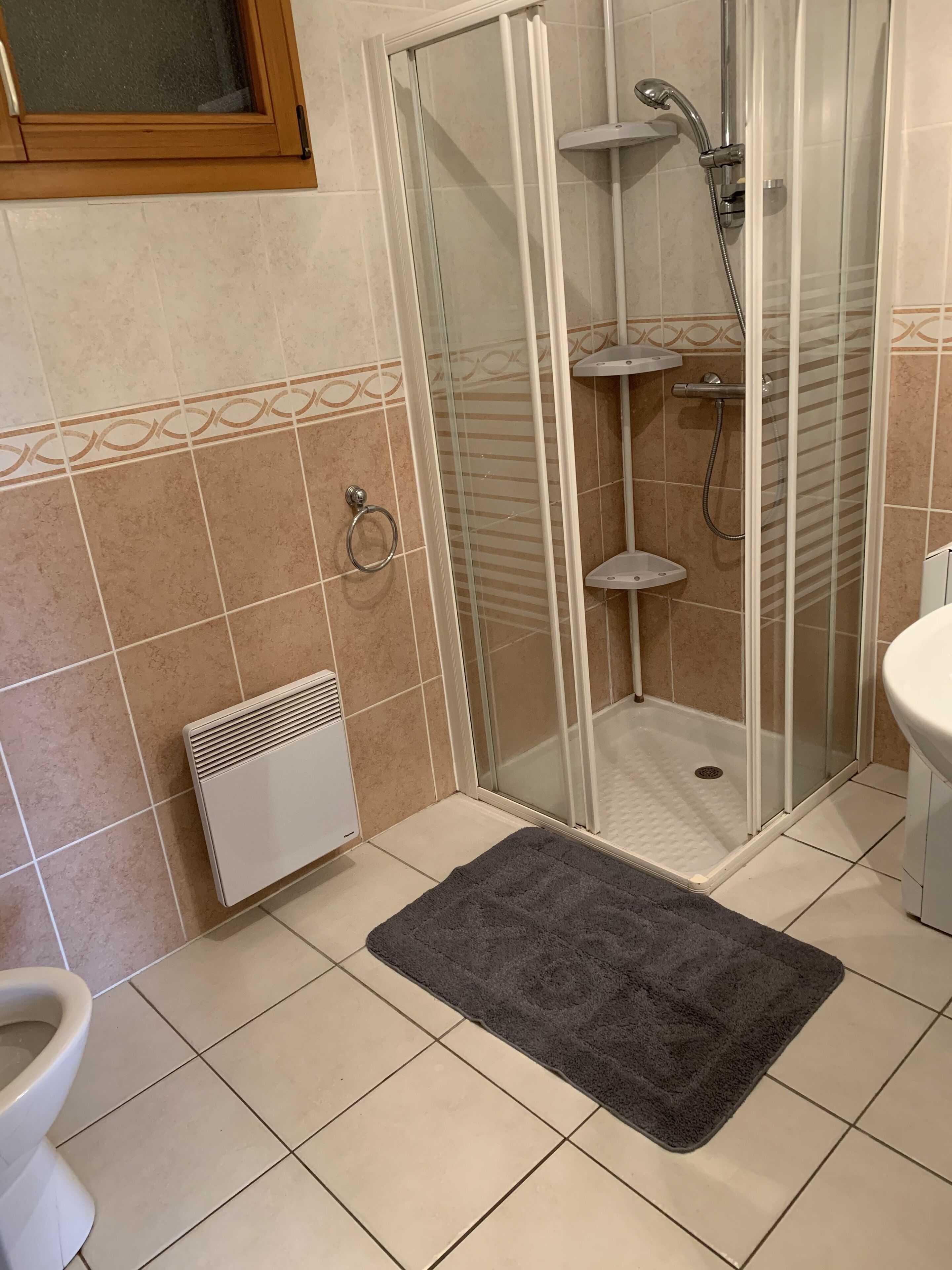 Une salle de bain avec une douche à parois de verre, un radiateur blanc et un tapis de bain gris foncé.