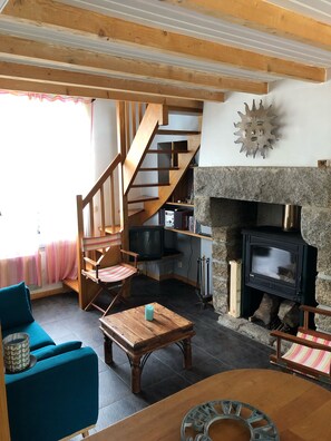 TV, fireplace, books, stereo