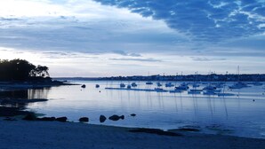 A marina with boats docked, calm water, and a distant shoreline with buildings.