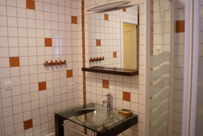 Regadera, secadora de cabello, toallas, papel de baño 