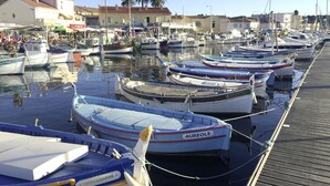 A marina with several small boats docked along a wooden pier.
